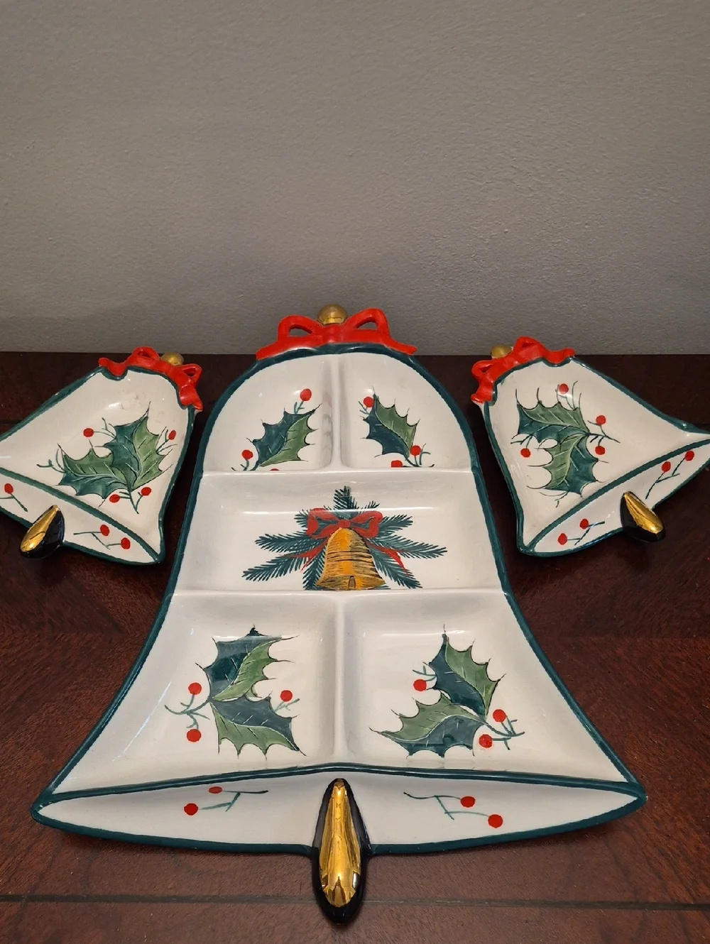 Vintage Italian Holiday Bell Ceramic Serving Dish - White and Green